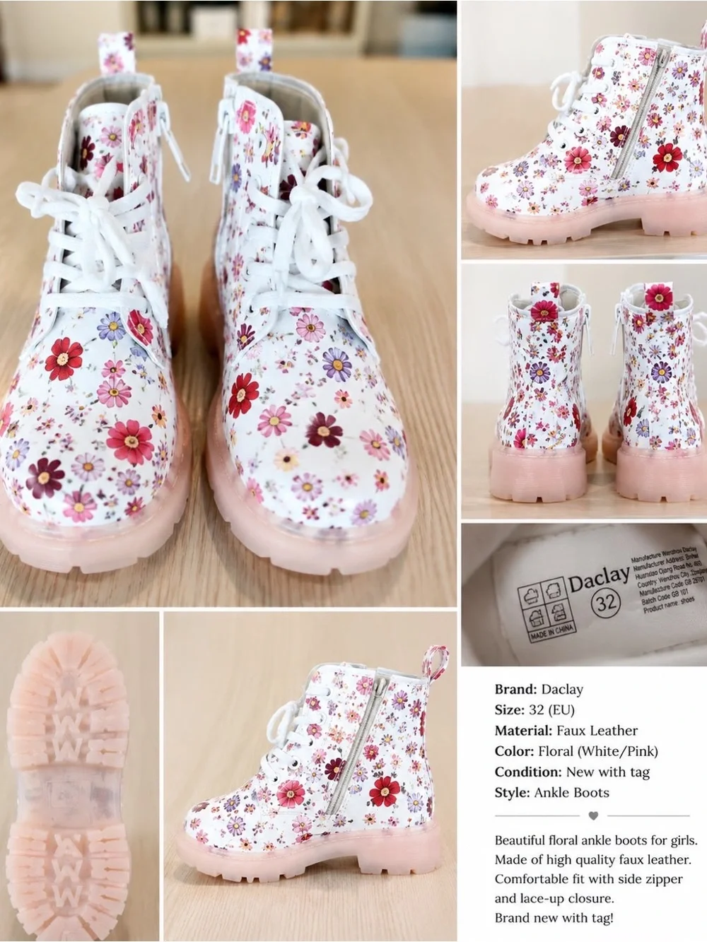 Girls' Floral White & Pink Ankle Boots